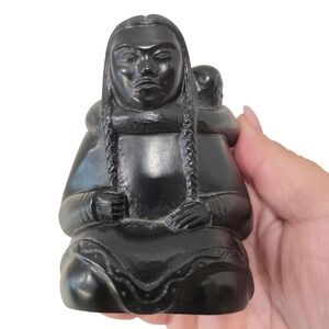 Boma Canada Inuit Mother and Child Black Stone Carved  Resin Sculpture Figurine
